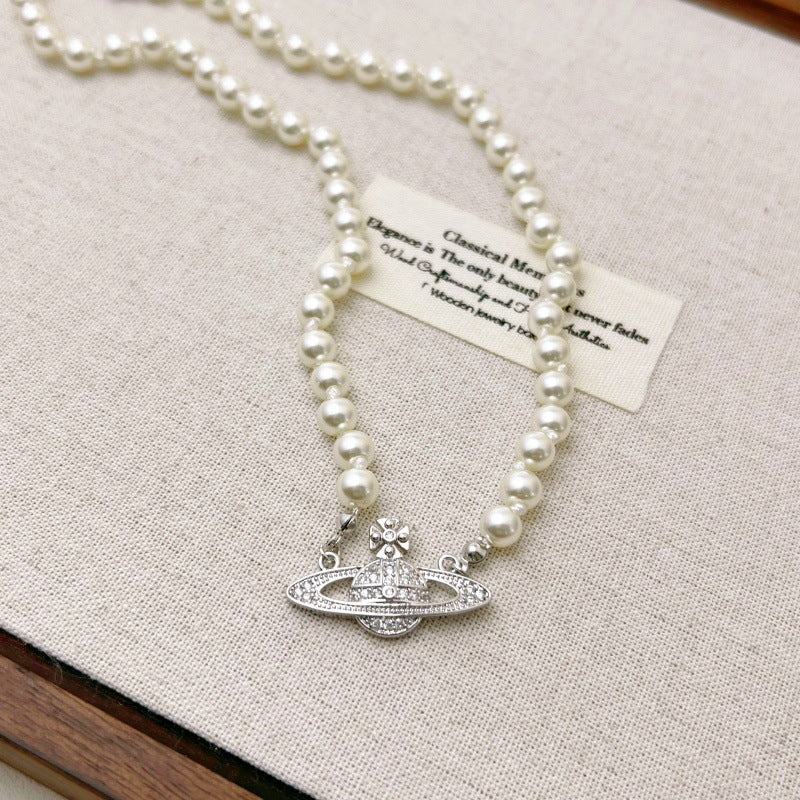 Korean Version of Fashion Niche Design Saturn Pearl Necklace Light Luxury Collarbone Chain Women's Summer High-end Temperament Neck Chain Accessories