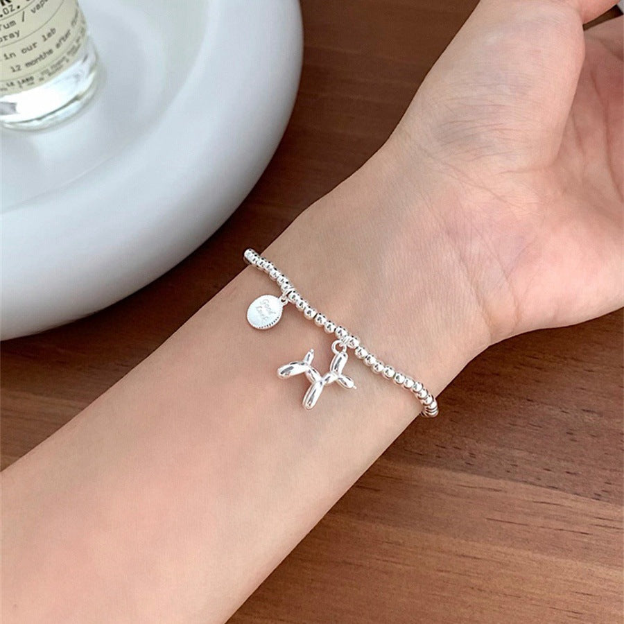 Korean Version of Cute Balloon Dog S925 Sterling Silver Bracelet Women's Gold and Silver Contrasting Color Lucky Round Brand Elastic Bracelet Bracelet Bracelet Jewelry
