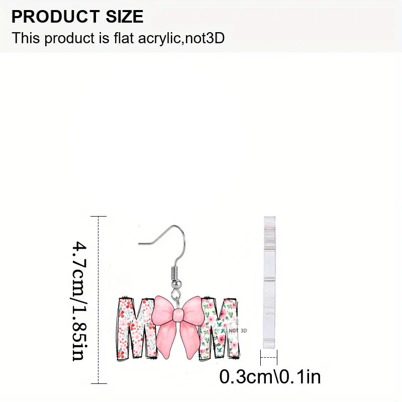 Original Design MOM Letter Bow 2D Acrylic Earrings Cute Fit for Mother's Day Gift