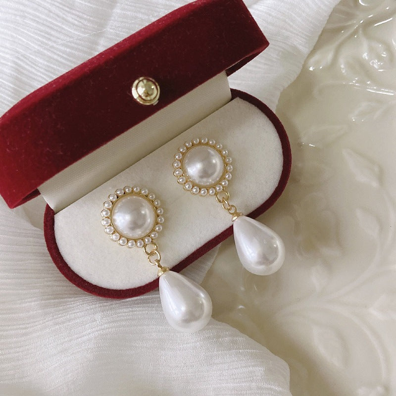 S925 Silver Needle Fashion Pearl Earrings Retro Hong Kong Style Design Simple Personality Oil Drip Earrings