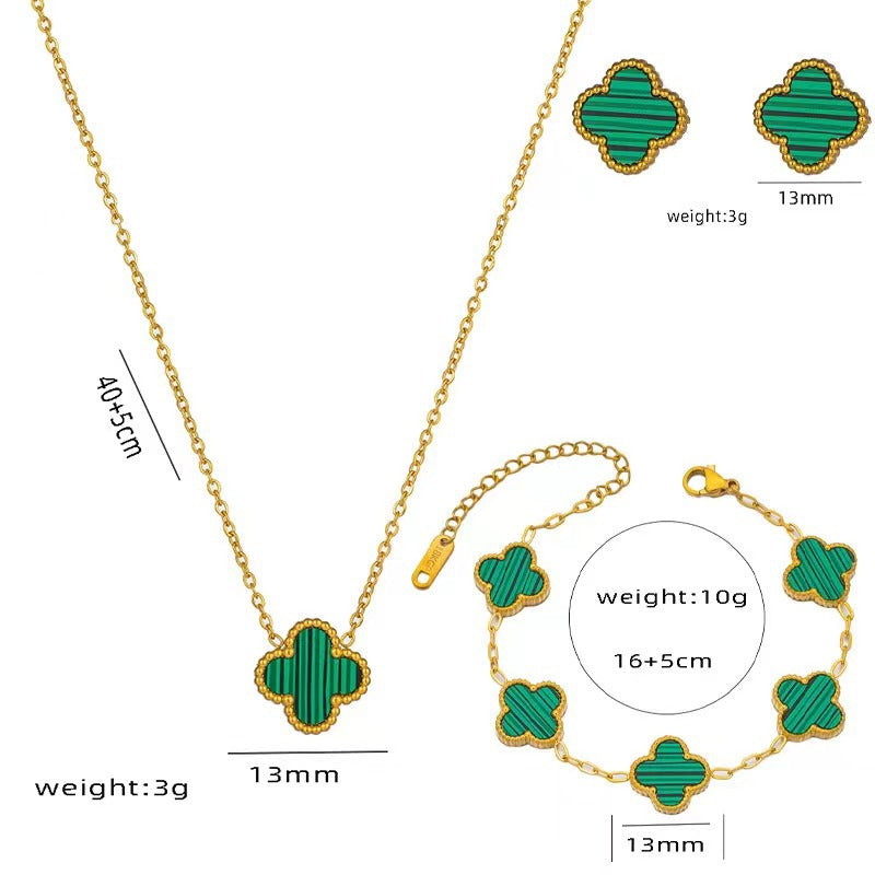 Four-leaf Clover Necklace 13MM Bracelet Stud Earrings Three-piece Set Versatile Lucky Four-leaf Clover Five-flower Bracelet Collarbone Chain Earrings