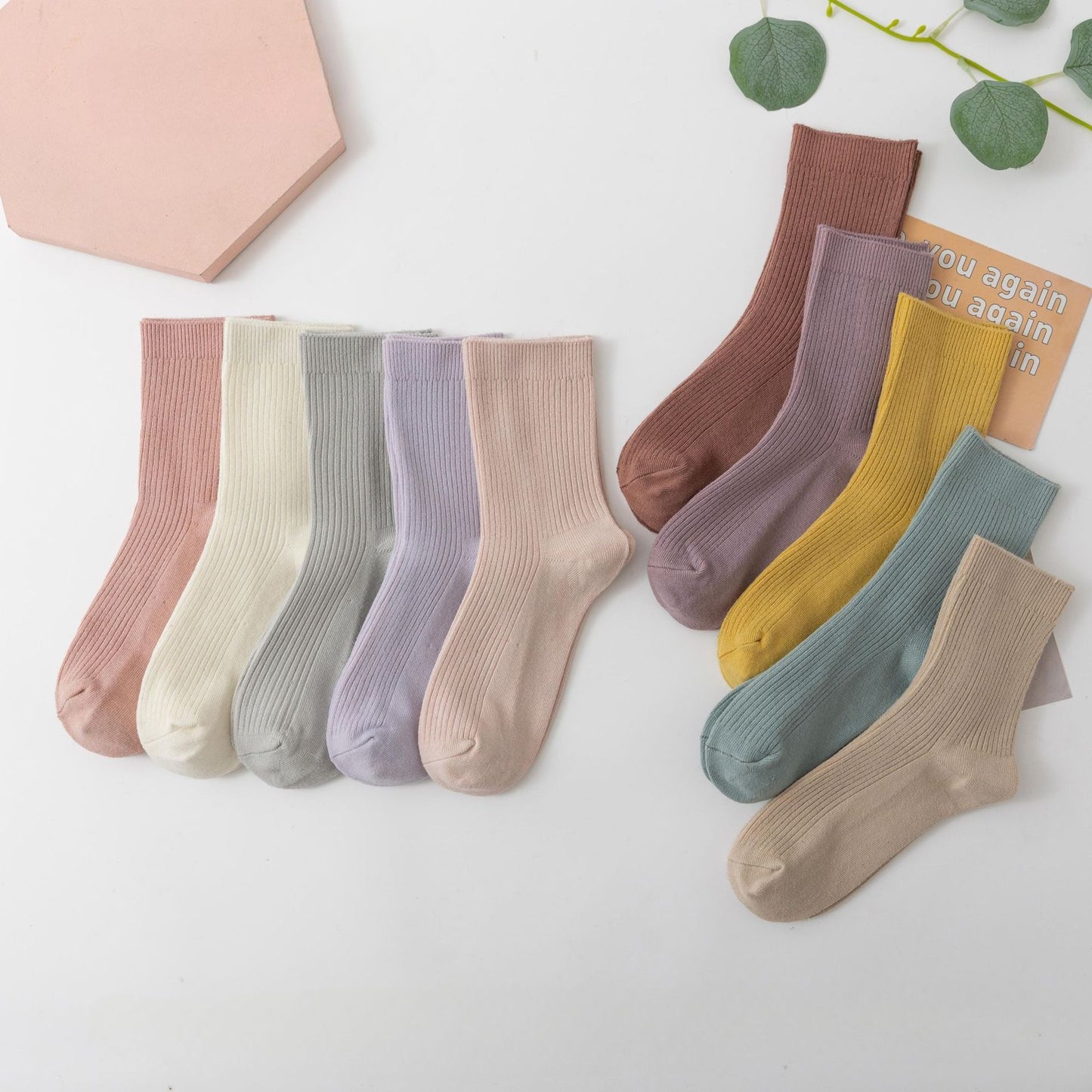 New Socks Women's Solid Color Double Needle Medium Tube Cotton Socks Spring and Autumn Thickened Warm Casual Stockings
