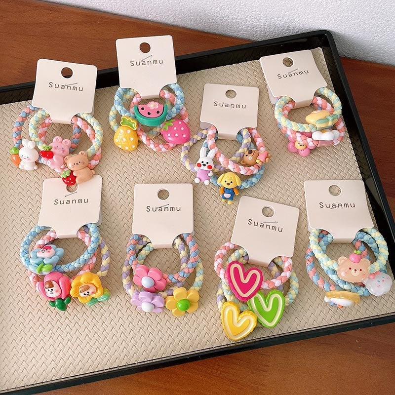 Spring New Children's Colorful Braided Headband Little Girl Ponytail Does Not Hurt Hair Cute Cartoon Flower Rubber Band