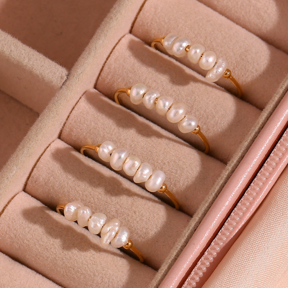 European and American Fashion Temperament Niche Light Luxury Explosive Ring Jewelry Stainless Steel Plated 18K Fine Freshwater Pearl Ring