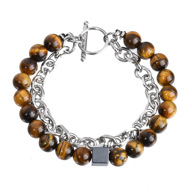 Stainless Steel Chain Copper Beads European and American Men's Bracelet Agate Crystal Tiger's Eye Beaded Jewelry Factory