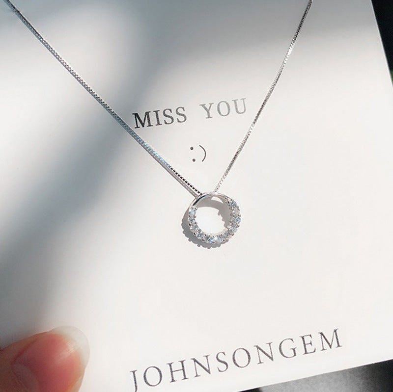 Korean Version Ins Wind Diamond Set Simple Halo Pendant Plated S925 Silver Tide Fashion Short Collarbone Chain Internet Celebrity Necklace Female