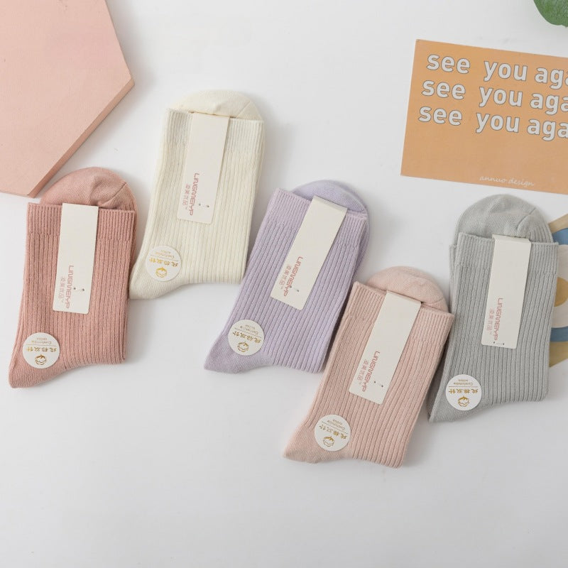 New Socks Women's Solid Color Double Needle Medium Tube Cotton Socks Spring and Autumn Thickened Warm Casual Stockings