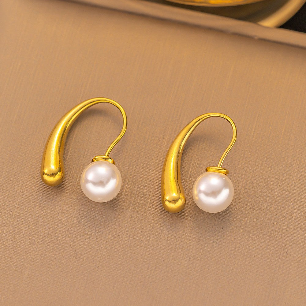 European and American Retro Fashion Versatile Titanium Steel Geometric Pearl Earrings