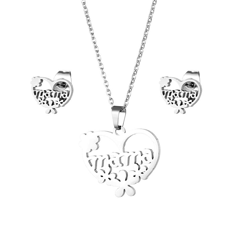 Simple Heart-shaped English Letter Mom Mom Necklace Female Flower Love Collarbone Chain Stud Earrings Set