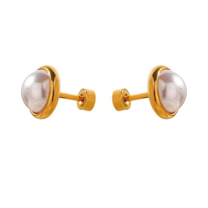 European and American Ins Wind Stainless Steel Anti-pearl Round Cake Earbone Earrings Small Ear Jewelry Wholesale