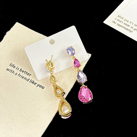 New Glass Diamond Inlaid Water Drop-shaped Long Earrings Women's European and American Color Series Earrings