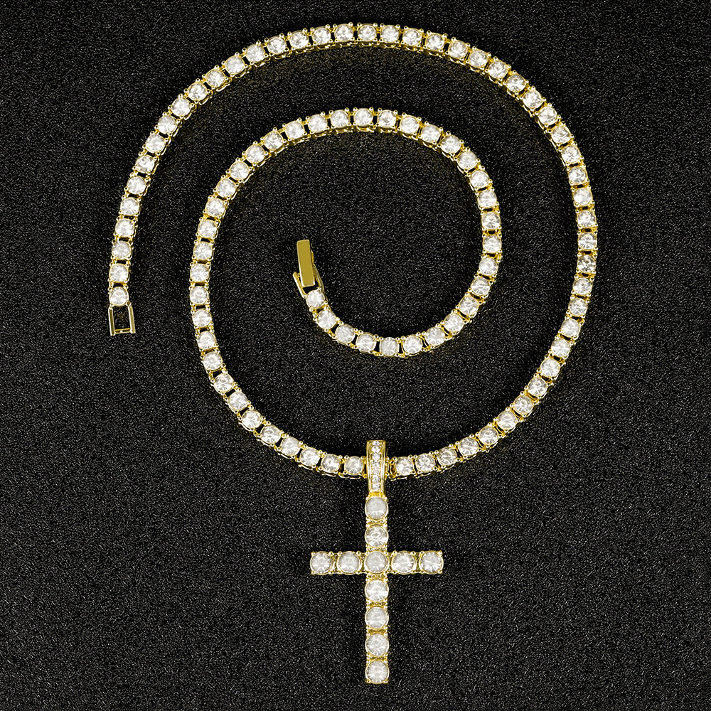 Popular Hip Hop Cross Necklace Pendant Full Diamond 4mm Tennis Chain Trendy Men's Personalized Jewelry