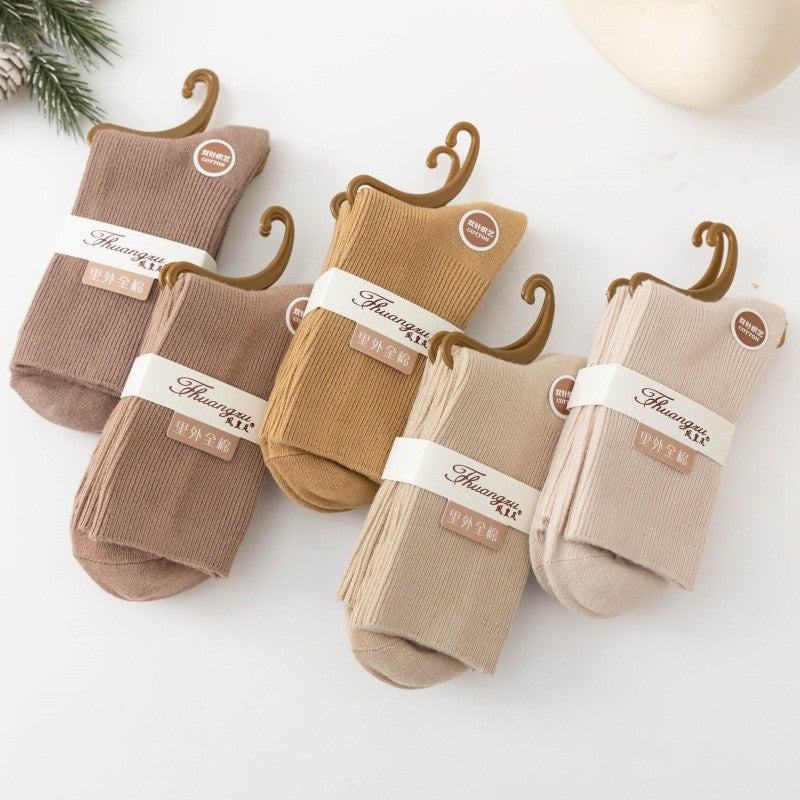 New Socks Women's Solid Color Double Needle Medium Tube Cotton Socks Spring and Autumn Thickened Warm Casual Stockings