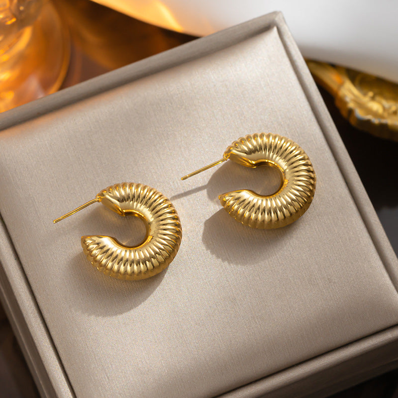 Retro, Titanium Steel Hollow Threaded Earrings Women's Titanium Steel Trendy Earrings, Retro Ear Jewelry