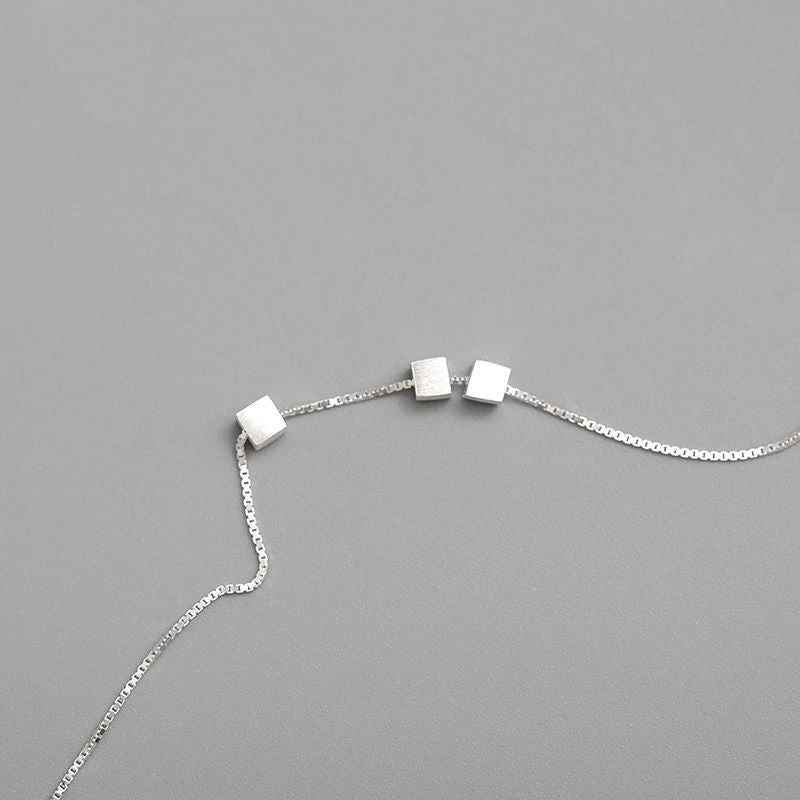 Plated S925 Silver Brushed Square Necklace Simple Personality Small Fresh Design Geometric Pendant Student Collarbone Chain Korean Version