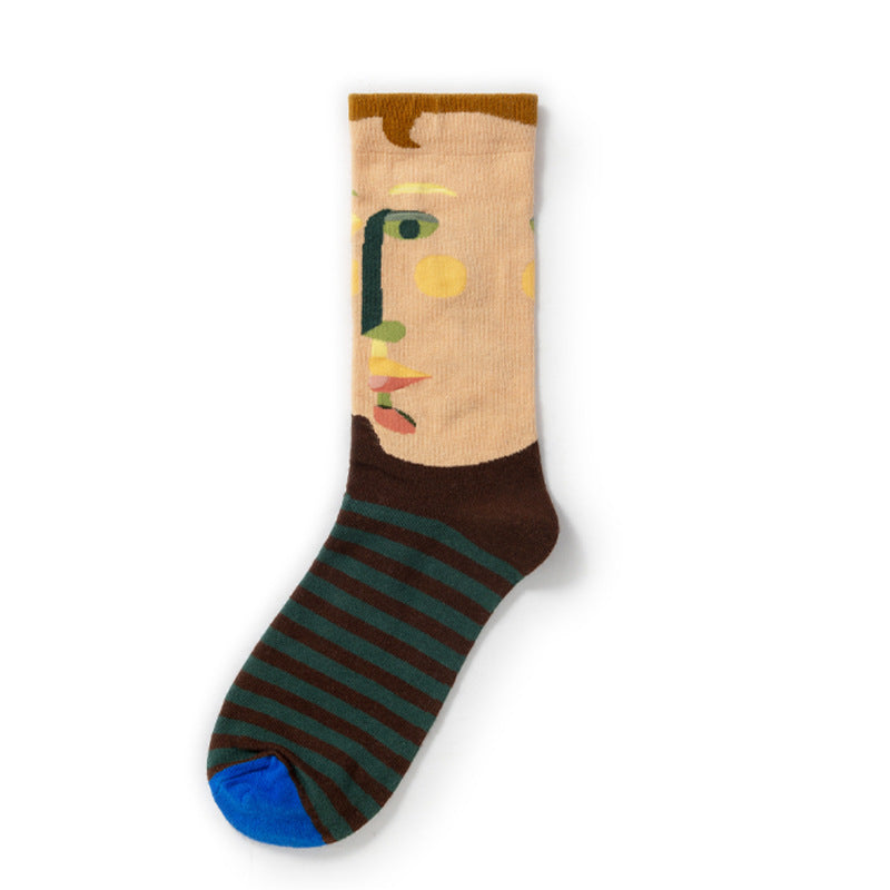 Oil Painting Socks Women's French Retro Ins Tide Autumn and Winter Abstract Tall Tube Creative Combed Cotton Women's Medium Tube Socks