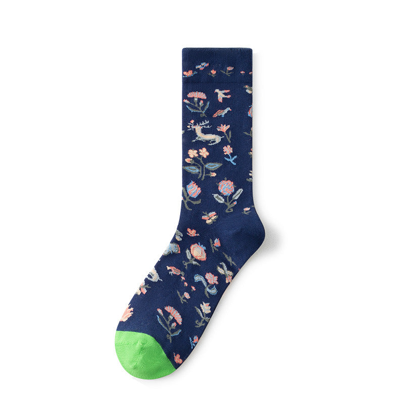 Oil Painting Socks Women's French Retro Ins Tide Autumn and Winter Abstract Tall Tube Creative Combed Cotton Women's Medium Tube Socks