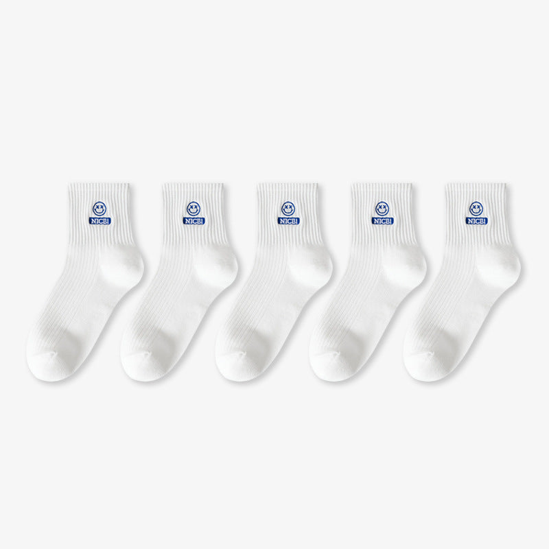 Smiley Sports Socks Sweat-absorbing Japanese Student Socks Spring, Autumn and Winter Medium Tube Socks Women's Wholesale