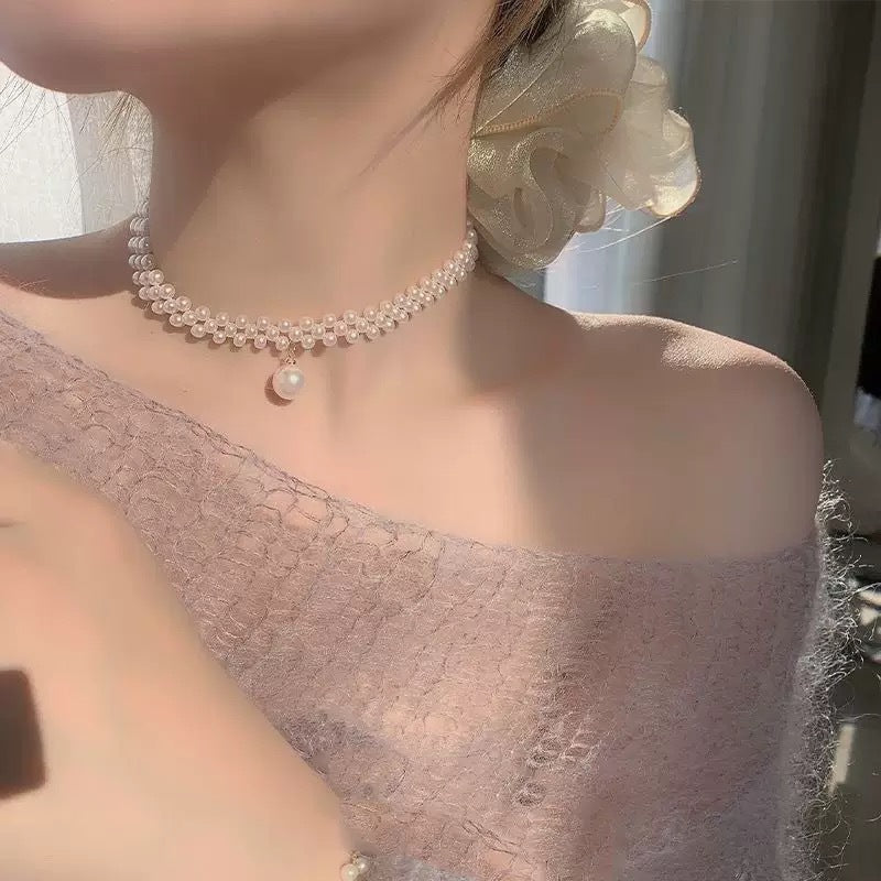 Double Pearl Necklace Internet Celebrity Fashion Niche Design Hand-woven Light Luxury High-end Collarbone Chain Short Neck Chain