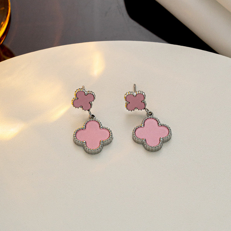 Lucky four-leaf flower fringed stud earrings Internet celebrity explosion versatile earrings exquisite Fan family temperament high-end earrings - NiceOceanJewelry