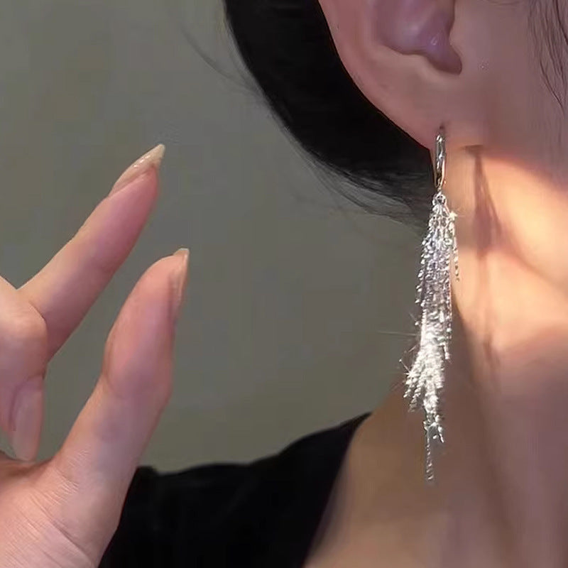 Silver Fringed Earrings Women's Light Luxury Niche Design Sense Ear Buckle Trendy Temperament Versatile and Thin Earrings