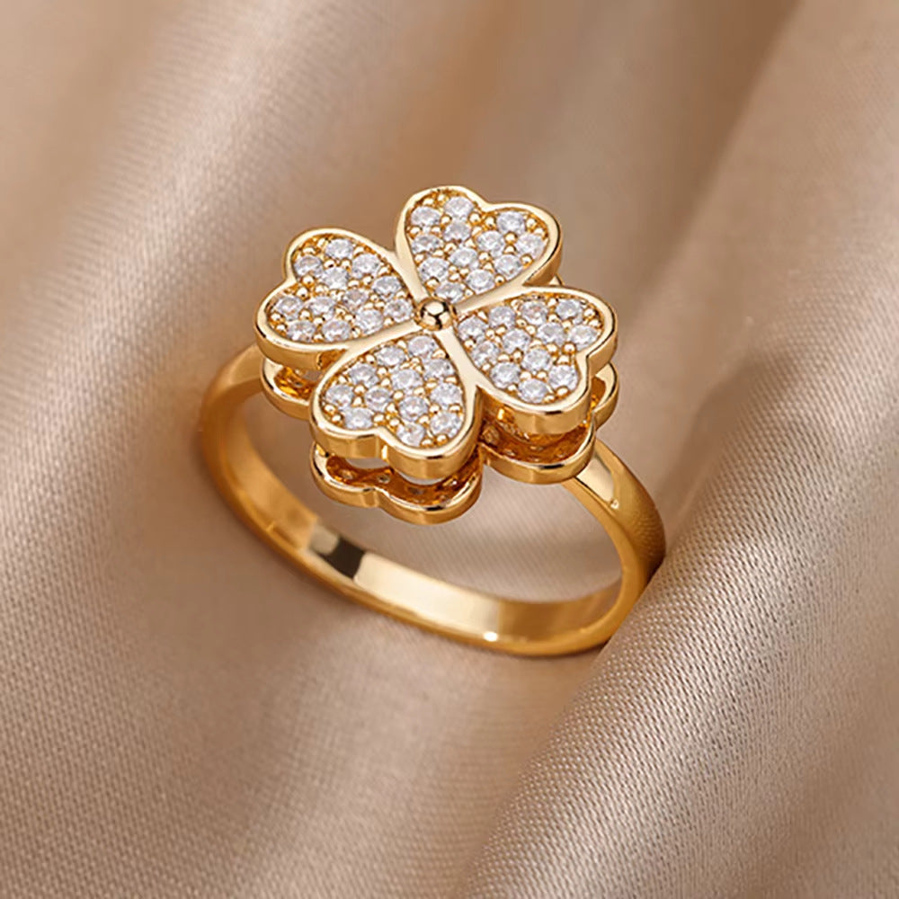 Women 18K Gold Plated Full Diamond Titanium Steel Non-Fading Opening Ring Zircon Leaf Ring