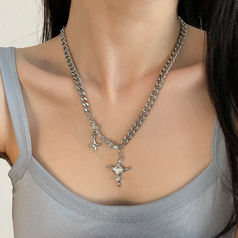 Square Diamond Star Cross Necklace Ins Hip Hop Neutral Trendy Cool Niche Collarbone Chain Female