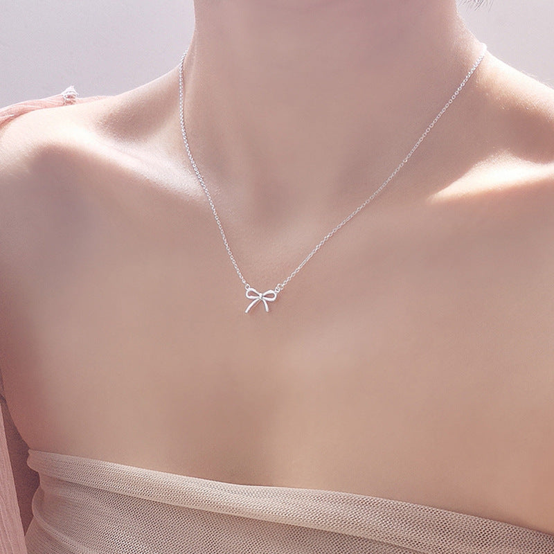 Bow Necklace Female S925 Japanese and Korean Style Concentric Tie Pendant Collarbone Chain Internet Celebrity Mori Simple