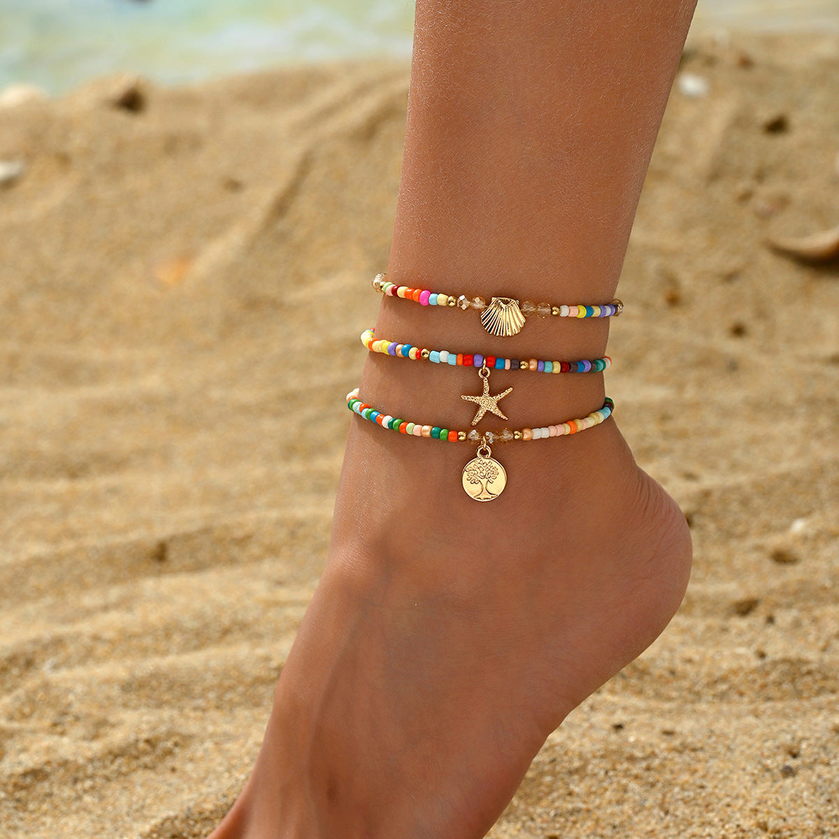 Bohemian Vacation Wind Alloy Starfish Scallop Peace Tree Pendant Colored Rice Bead Elastic Anklet Set