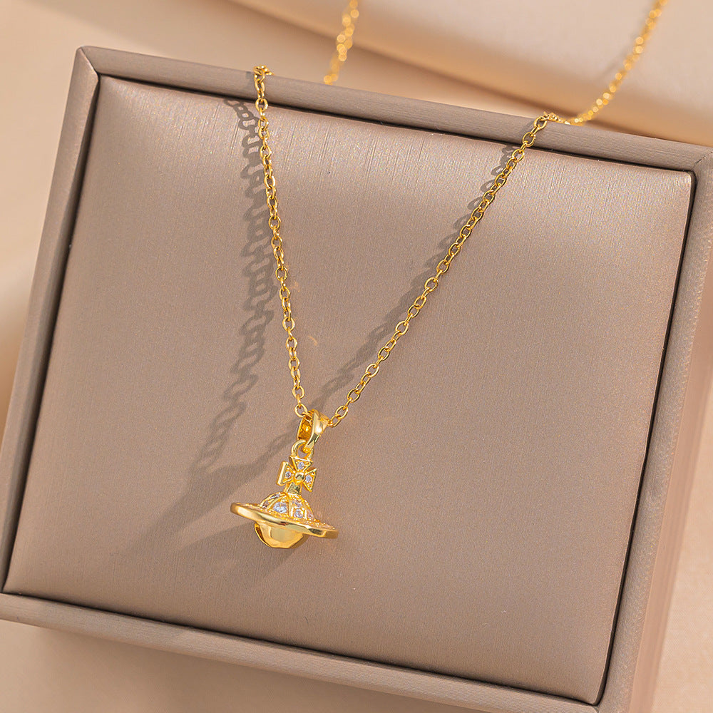 New Gold Diamond-encrusted Mini Planet Titanium Steel Necklace Does Not Fade Girls Versatile Light Luxury Niche Versatile Accessories