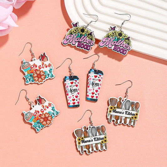 New Mother's Day Wooden Earrings Cartoon MOM Coffee Milk Tea Cup Earrings Flower Mom Kitchen Supplies Earrings