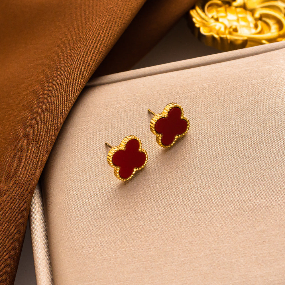 Four-leaf Clover Necklace 13MM Bracelet Stud Earrings Three-piece Set Versatile Lucky Four-leaf Clover Five-flower Bracelet Collarbone Chain Earrings