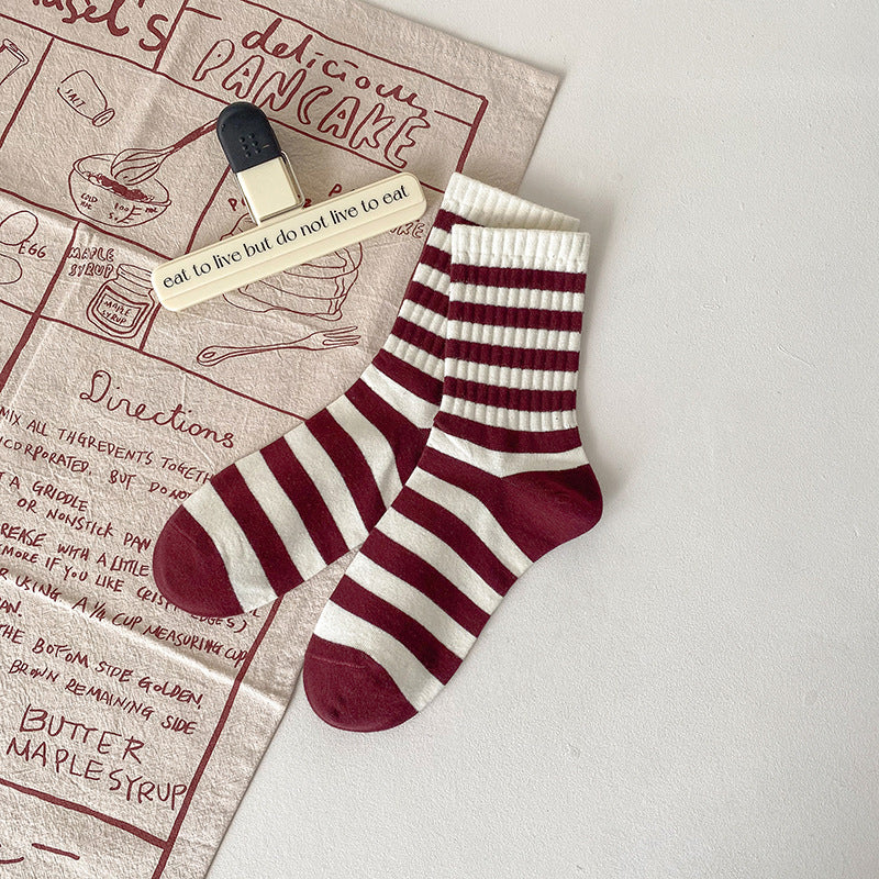 Ankola Red Socks Women's Medium Tube Socks Spring and Autumn Embroidery Bow Cotton Socks Versatile Striped Stockings Striped Women's Socks