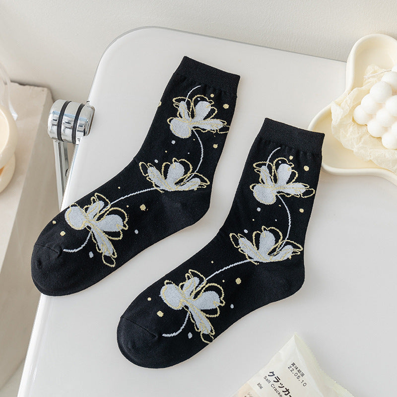 Socks Women's Pure Cotton Spring and Autumn Tube Three-dimensional Flower Cotton Socks Small Flower Japanese Trend Internet Celebrity Casual Women's Socks Wholesale