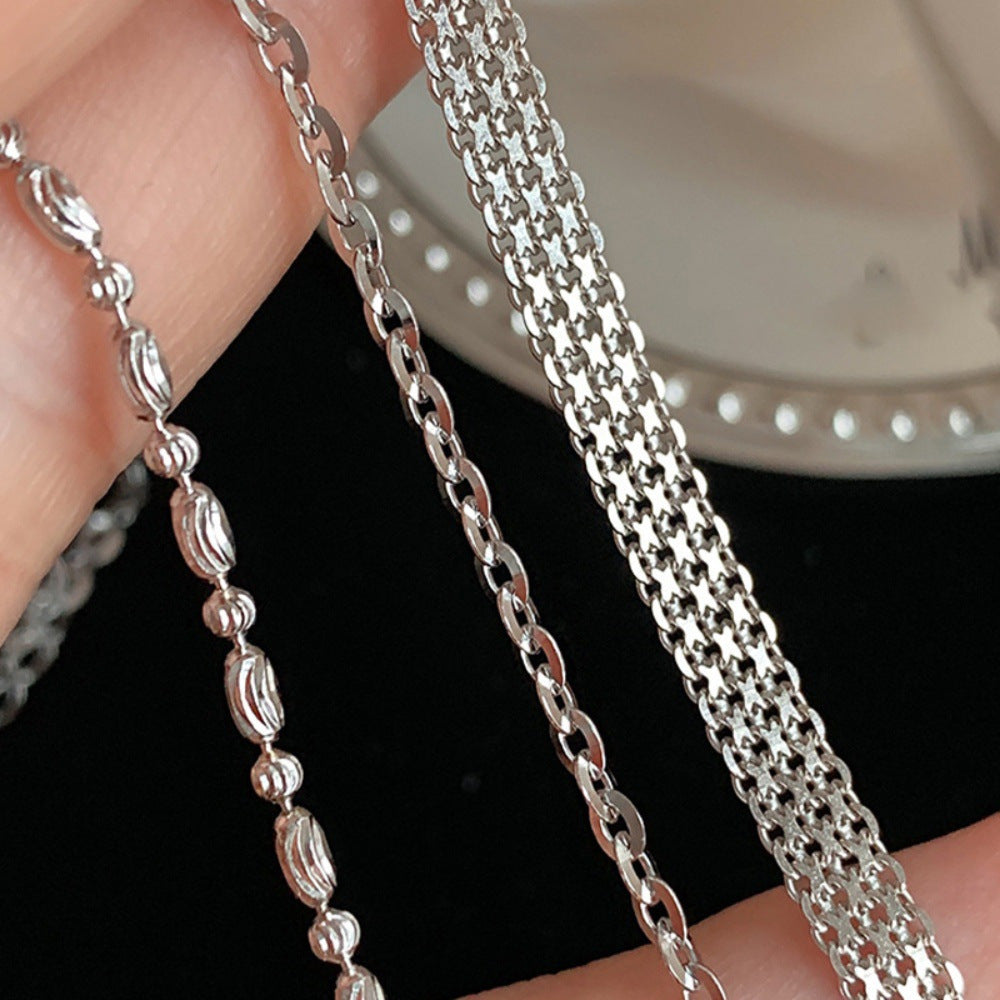 Korean Version S925 Silver Fashion Rice Grain Bracelet Women's High-end Retro Stacked Cross Chain Wide Edge Versatile Bracelet Jewelry