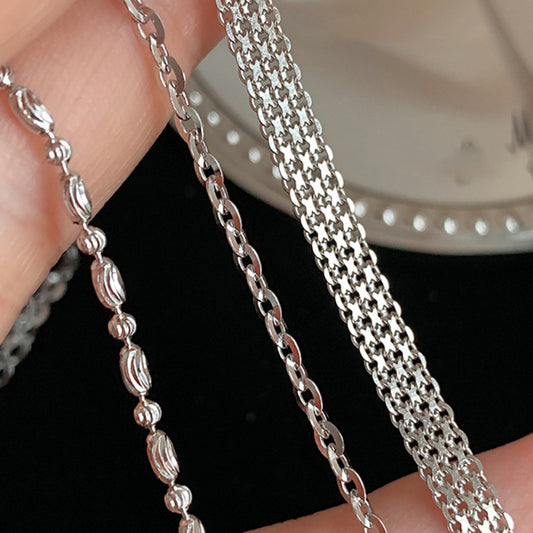 Korean Version S925 Silver Fashion Rice Grain Bracelet Women's High-end Retro Stacked Cross Chain Wide Edge Versatile Bracelet Jewelry