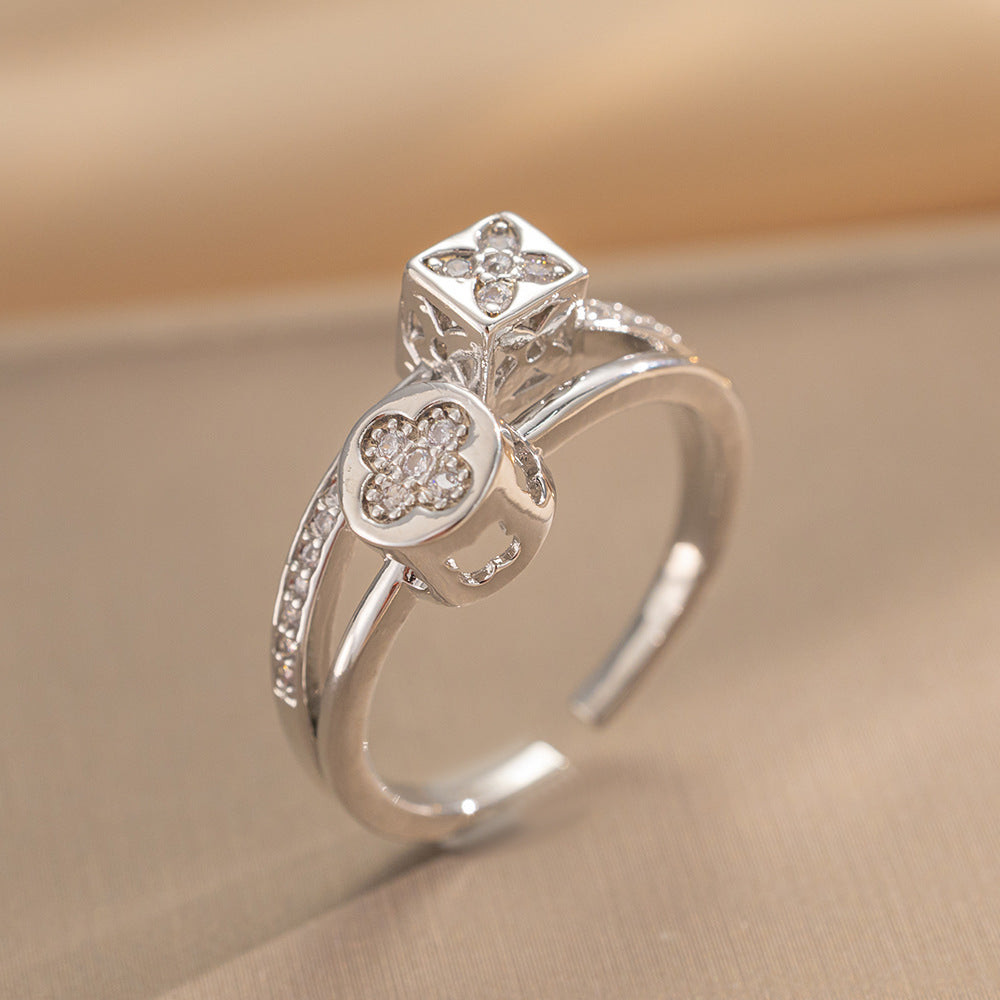 South Korea Dongdaemun Double-layer Micro-inlaid Zircon Ring Simple Female Fashion Personality Cold Wind Open Ring Female