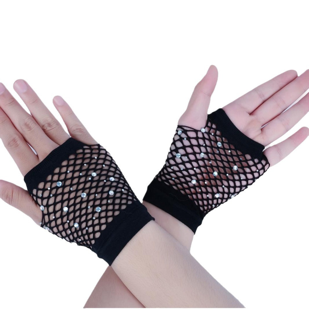 European and American Fashion Flash Diamond Short Sex Fishing Net Gloves Party Punk Decorative Half-finger Gloves Wholesale