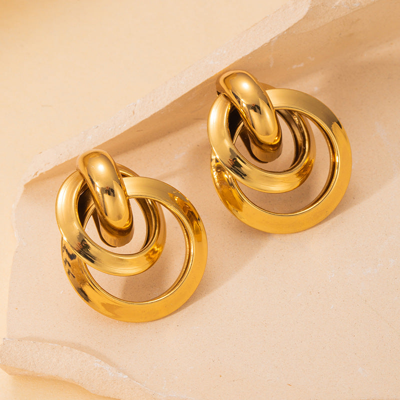 Exaggerated Titanium Steel Round Earrings Gold 18K Gold Light Luxury Earrings Fashion High Sense Love Earrings
