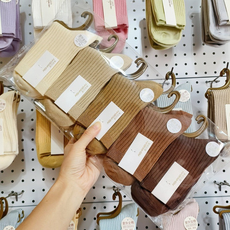 New Socks Women's Solid Color Double Needle Medium Tube Cotton Socks Spring and Autumn Thickened Warm Casual Stockings