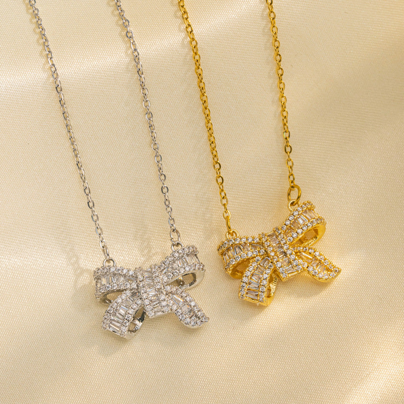 Bow Necklace Female, Titanium Steel Crystal New Female Light Luxury Niche Ins Cold Wind Collarbone Chain Does Not Fade