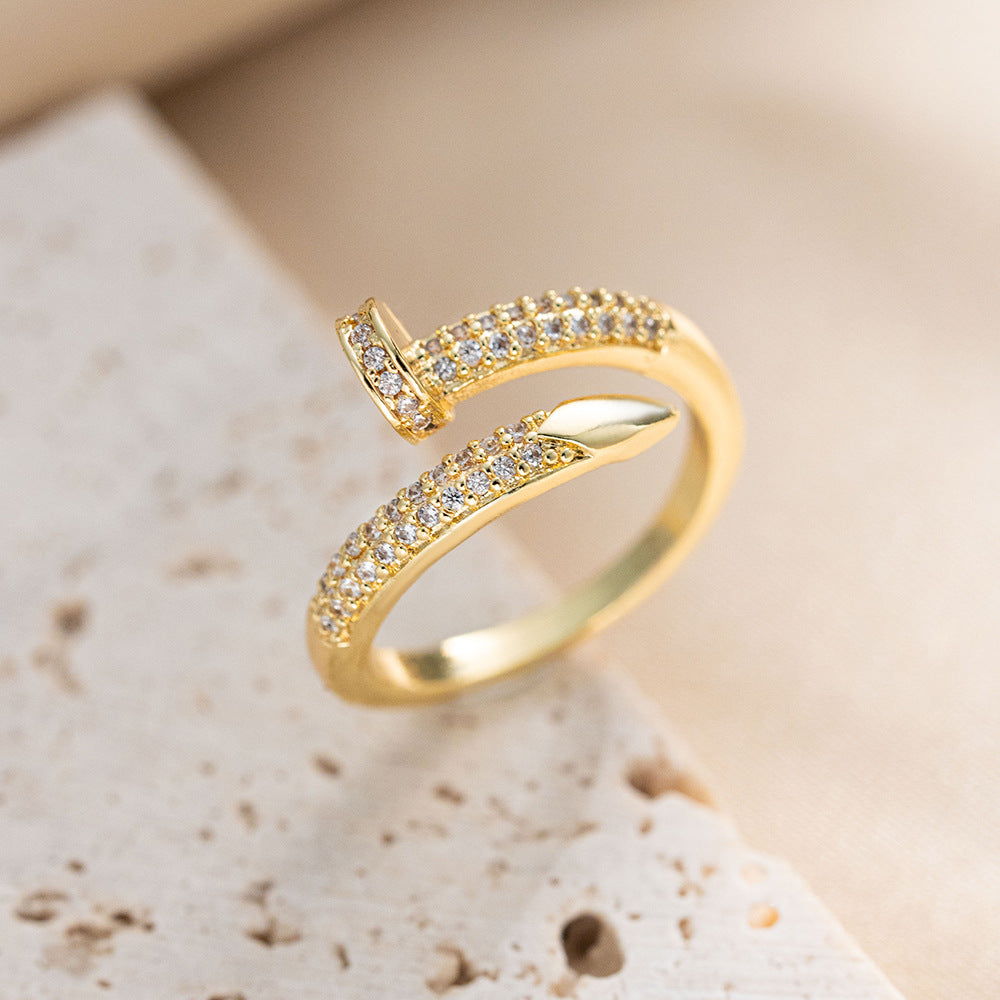 Fashion Light Luxury 18k Electroplated Nail-shaped Live Ring Women's Niche High-end Sense Opening Adjustable Ring Hot-selling