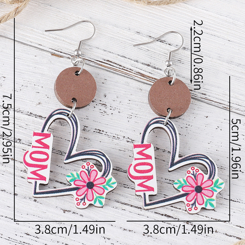 New Mother's Day MOM Flower Love Disc Splicing Pendant Earrings Wooden Double-sided Earrings Mother's Day Gift
