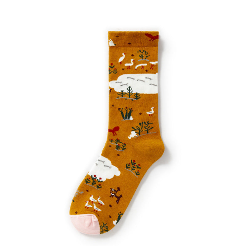 Oil Painting Socks Women's French Retro Ins Tide Autumn and Winter Abstract Tall Tube Creative Combed Cotton Women's Medium Tube Socks
