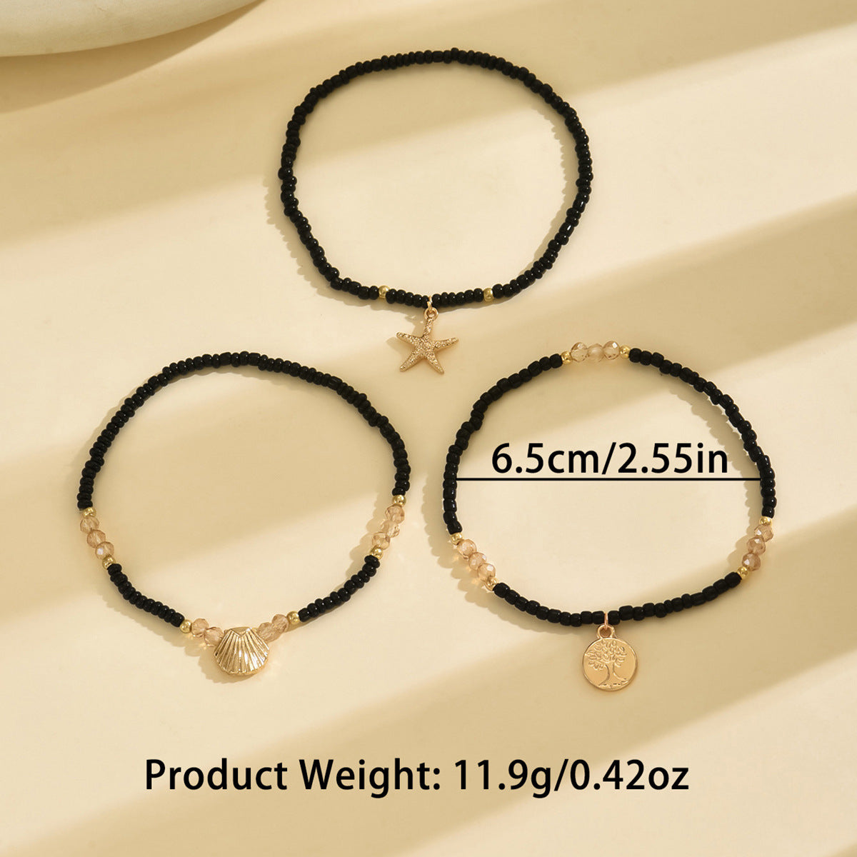 Bohemian Vacation Wind Alloy Starfish Scallop Peace Tree Pendant Colored Rice Bead Elastic Anklet Set