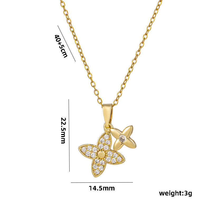 Niche Design, New Double Four-leaf Flower Necklace, Female High-end Feeling, Sweet, Trendy and Cool, Non-fading Collarbone Chain
