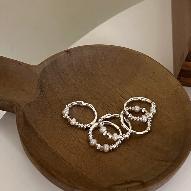 Irregular Metal Broken Silver Pearl Ring Female Niche Personality Simple Versatile Temperament Fashion Ring Ring
