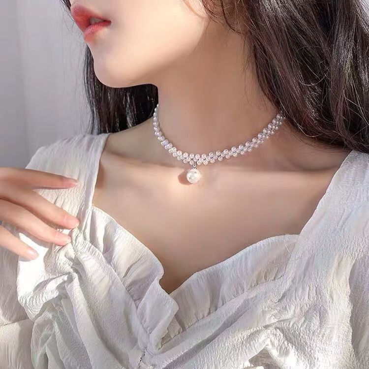 Double Pearl Necklace Internet Celebrity Fashion Niche Design Hand-woven Light Luxury High-end Collarbone Chain Short Neck Chain