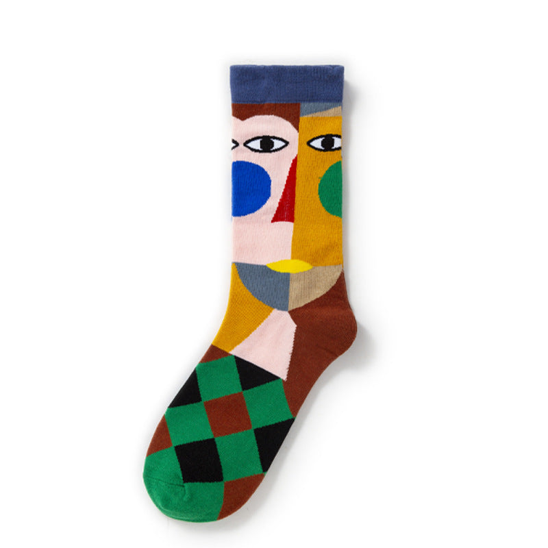 Oil Painting Socks Women's French Retro Ins Tide Autumn and Winter Abstract Tall Tube Creative Combed Cotton Women's Medium Tube Socks