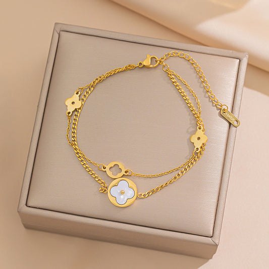 2025 New Titanium Steel Four-leaf Clover Bracelet Internet Celebrity Girlfriend White Fritillary Hollowed Out Hot Sale Factory Wholesale